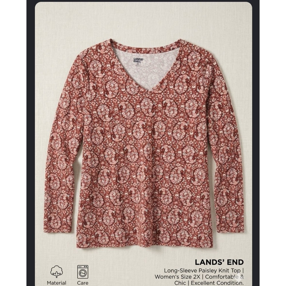 Lands End Womens 2X Paisley Floral Knit V-Neck Long Sleeve Top Terracotta